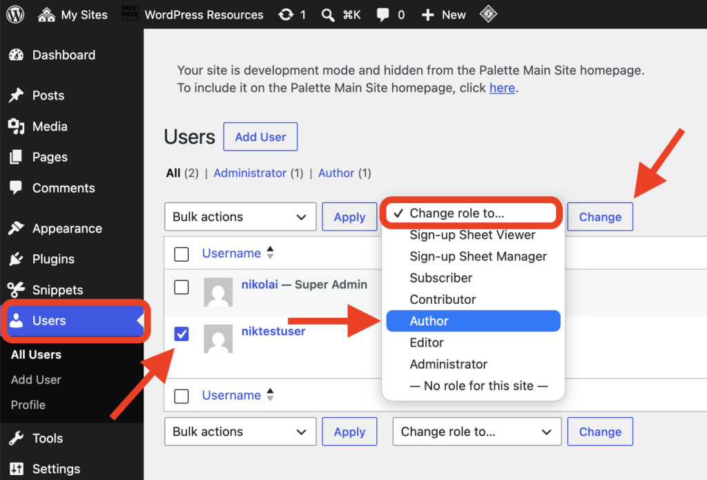 The Users screen with a user ticked and Author chosen in the Change role to menu, next to the Change button