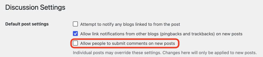 Discussion Settings with Allow people to submit comments on new posts highlighted