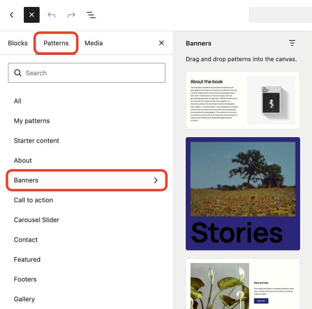 The block inserter with the Patterns tab open and the Banners category showing ready-made layout previews