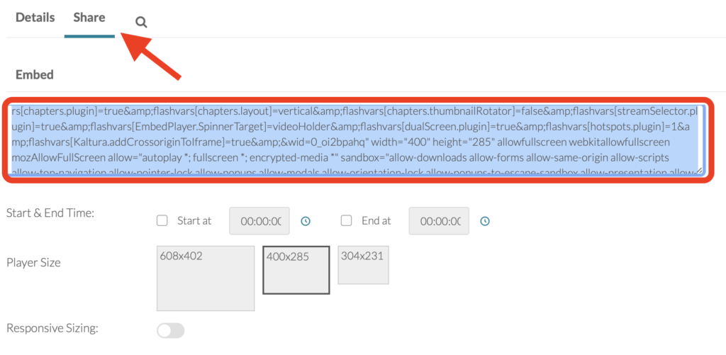 Kaltura My Media Share tab, showing player size, start time and the embed code to copy