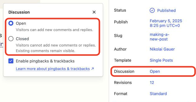 The post settings sidebar with Discussion selected and its Open and Closed options highlighted