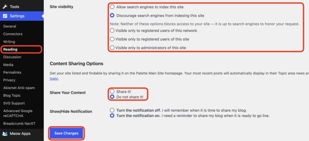 Settings, Reading, with the Site visibility options, the Share Your Content options and the Save Changes button highlighted