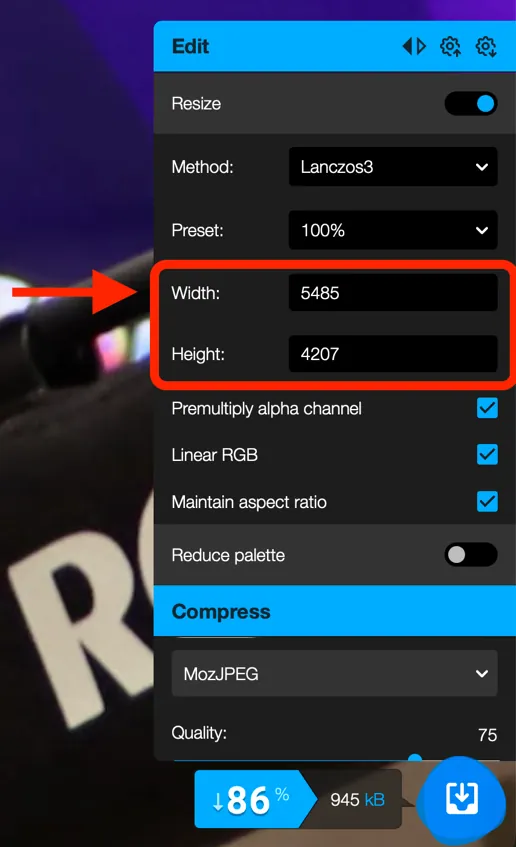 Squoosh on a desktop browser: the Width and Height fields highlighted under Resize