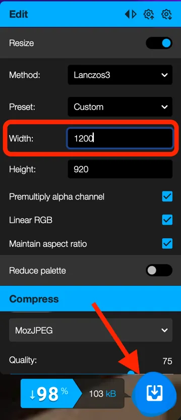 Squoosh on a phone: the Width and Height fields highlighted under Resize