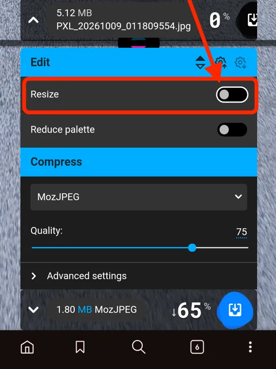 Squoosh on a phone: the Resize toggle highlighted at the top of the Edit panel