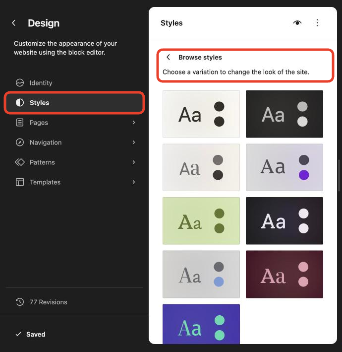 The Design editor with Styles selected and Browse styles open, showing a grid of style thumbnails