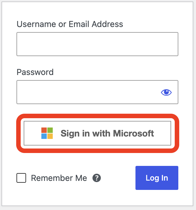 The WordPress login screen with the Sign in with Microsoft button highlighted